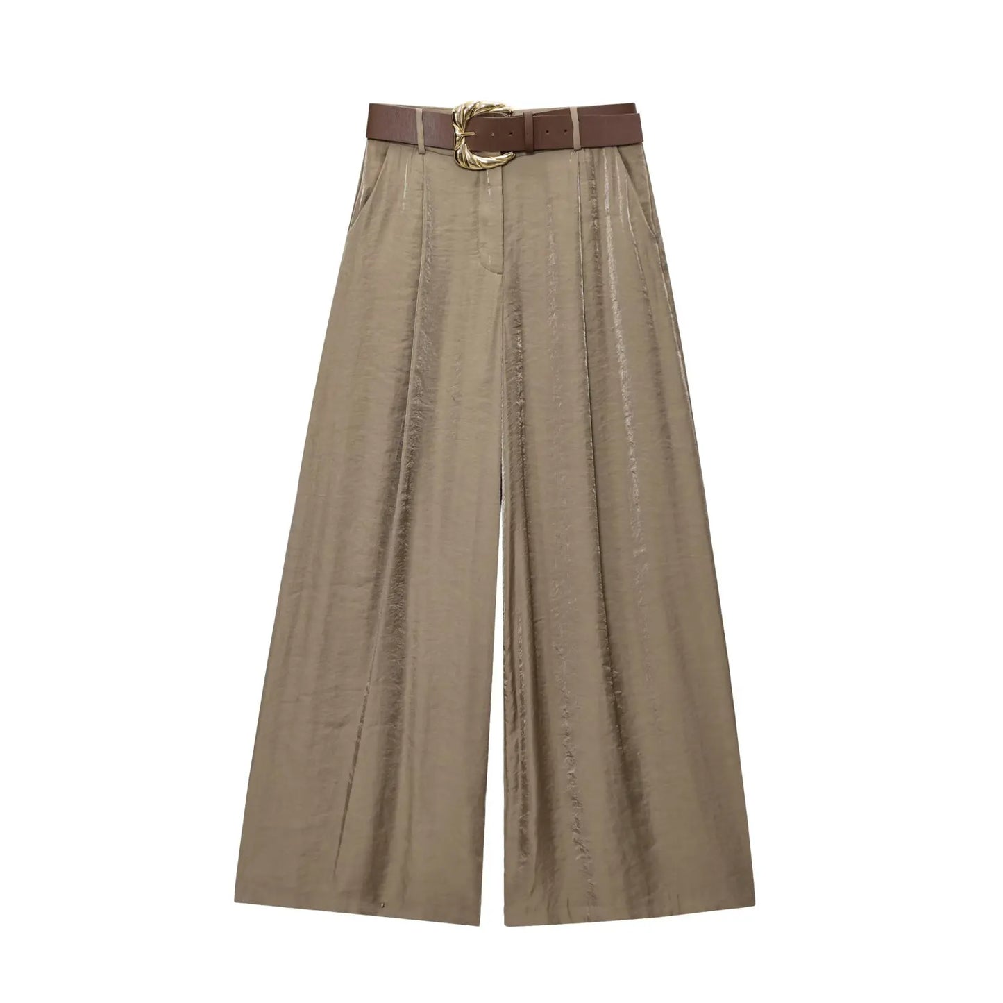 Women's Solid Color Belt Satin Pants™ Textured Wide Leg Casual Pants
