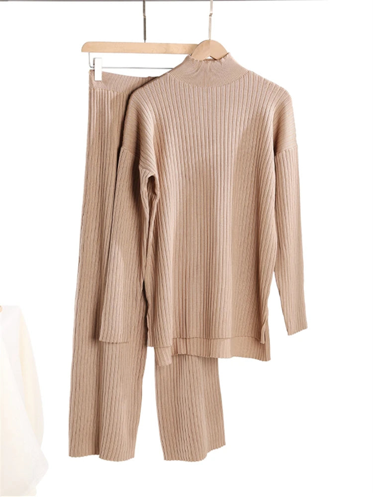 Women Tracksuit™ Knitted Turtleneck Sweater and Straight Jogging Pants Suits