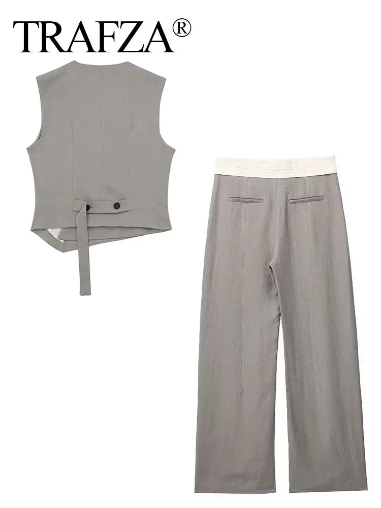 Women's TRAFZA Suit™ Asymmetric Sleeveless Single Breasted Top + High Waist Loose Trousers