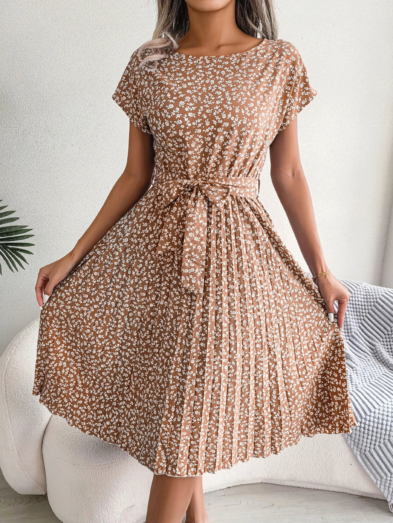 Women Dresses™ Spring Summer Short Sleeve High Waist Floral Pleated A Line Long Dress