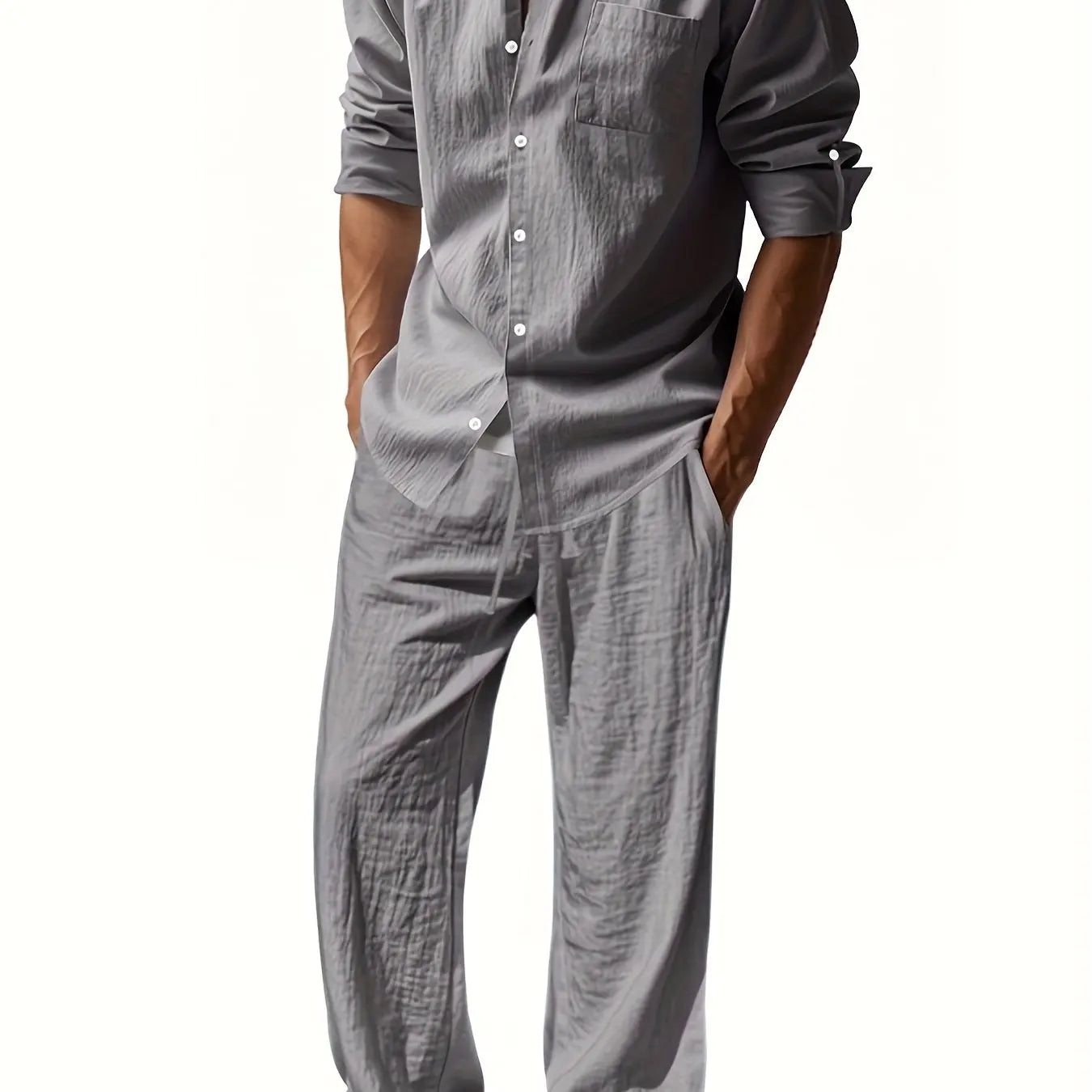 Men's Casual Linen Suit™ Long Sleeve Crew Neck T-shirt +Loose Fit Pants