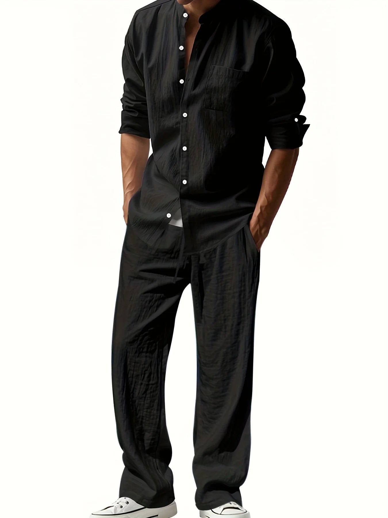 Men's Casual Linen Suit™ Long Sleeve Crew Neck T-shirt +Loose Fit Pants