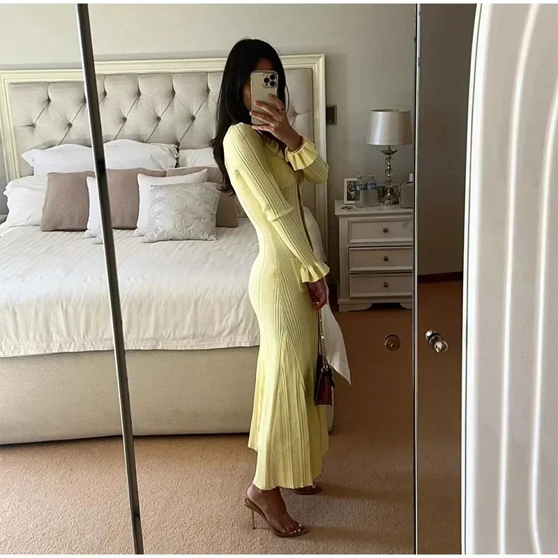 Women's Knitted Dress™ Long Sleeve Ruffles Single Breasted Long Dresses