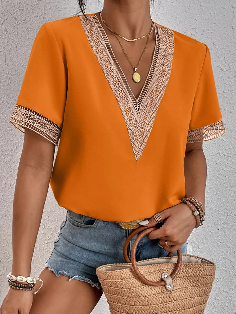 Women's Short Sleeve T-Shirt™ Summer Slim Fit Pullover Basic Tees V Neck Lace Tops Y2k Clothes