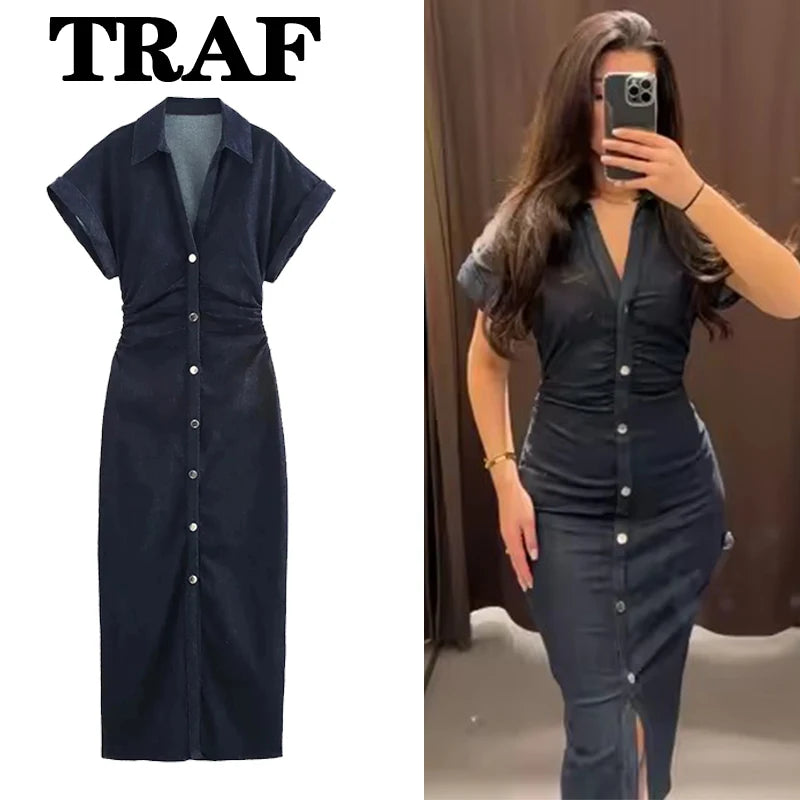Women's TRAF Denim Dress™ Casual Short Sleeve Streetwear Midi Dress