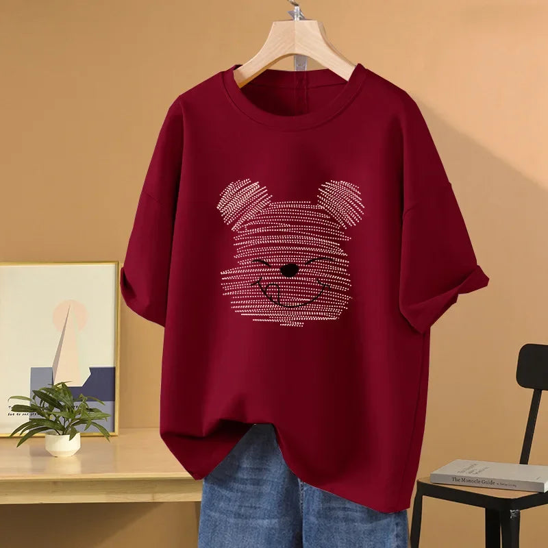 Women's Oversized Half Sleeve T-shirt Loose Fit Vintage Cartoon Bear Design T-shirt