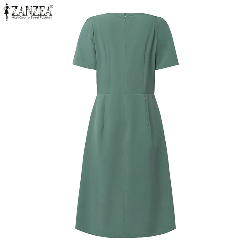 Women's ZANZEA Summer Elegant OL Work Dress™ Short Sleeve A Line Solid Pleated Dresses