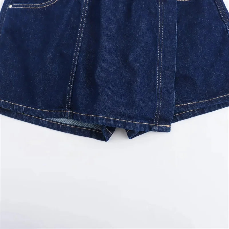 Women's TRAF Blue Denim Suit™ Short Sleeve Cropped Shirt & Short Y2k Set