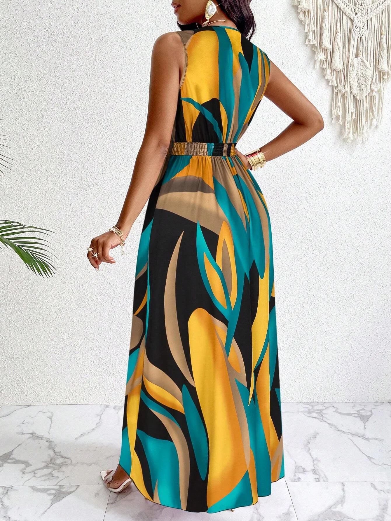 Women's Print V-Neck Long Dress™ Knit Fit And Flare Maxi Dress