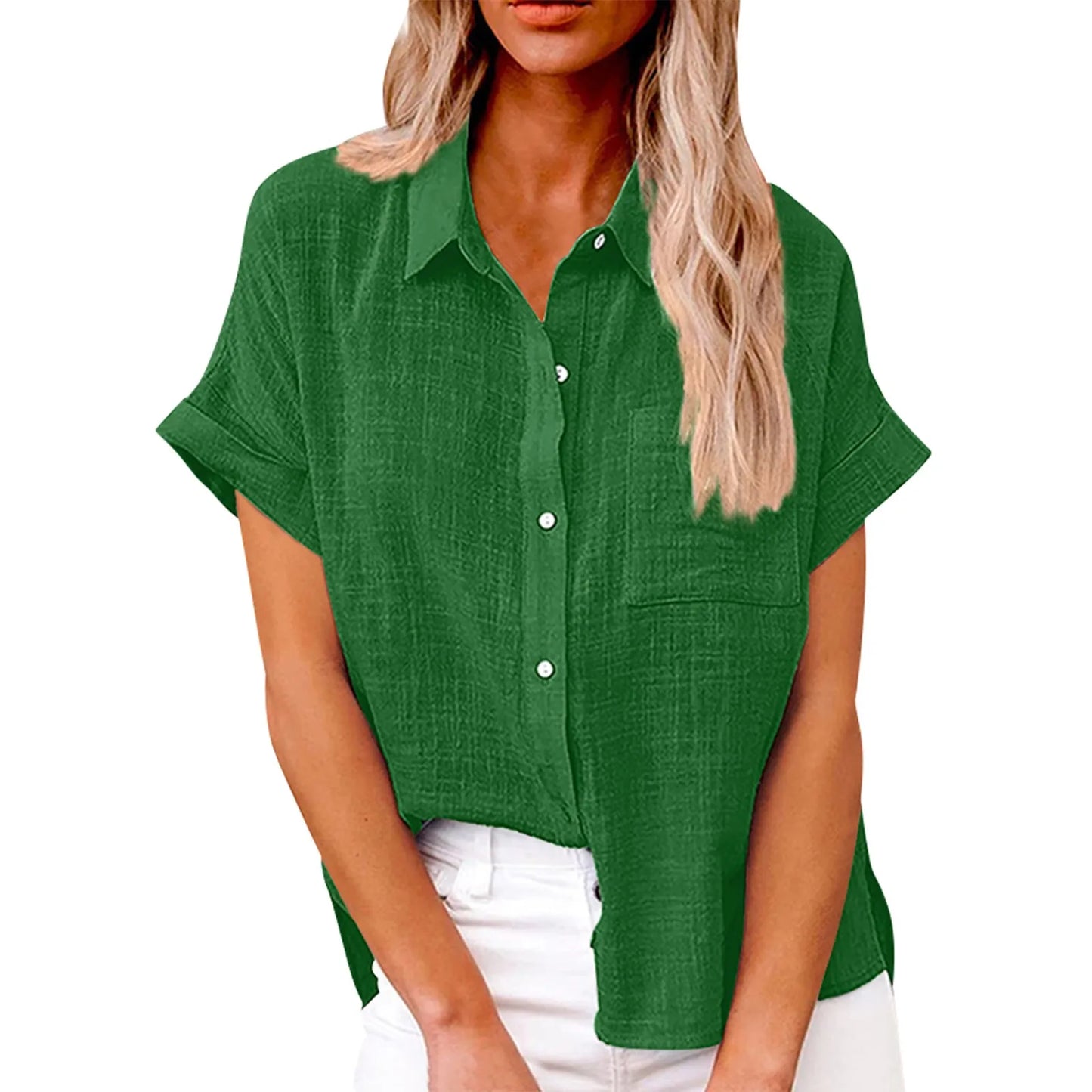 Women's Cotton Linen Classic Shirts™ Short Sleeve Lapel Button Down Shirt