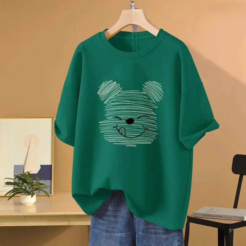 Women's Oversized Half Sleeve T-shirt Loose Fit Vintage Cartoon Bear Design T-shirt