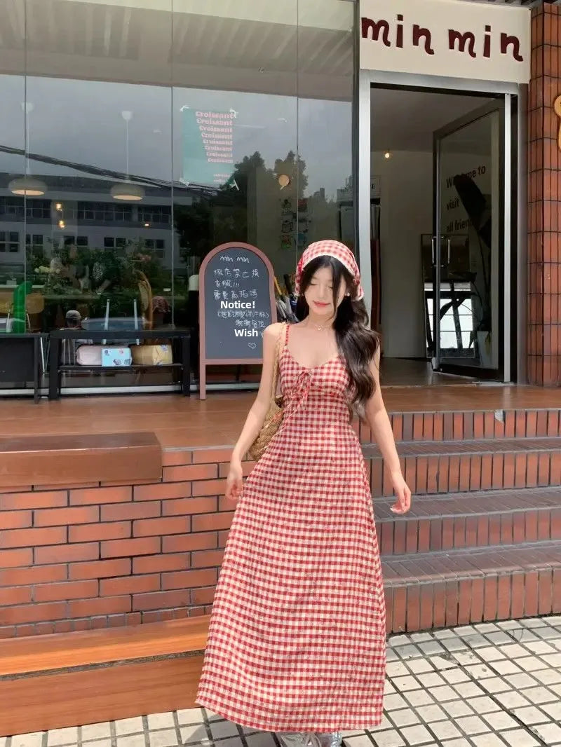 Women's Red Plaid Strapless Slim Fit Summer Dress™ French Style Backless Long Dress