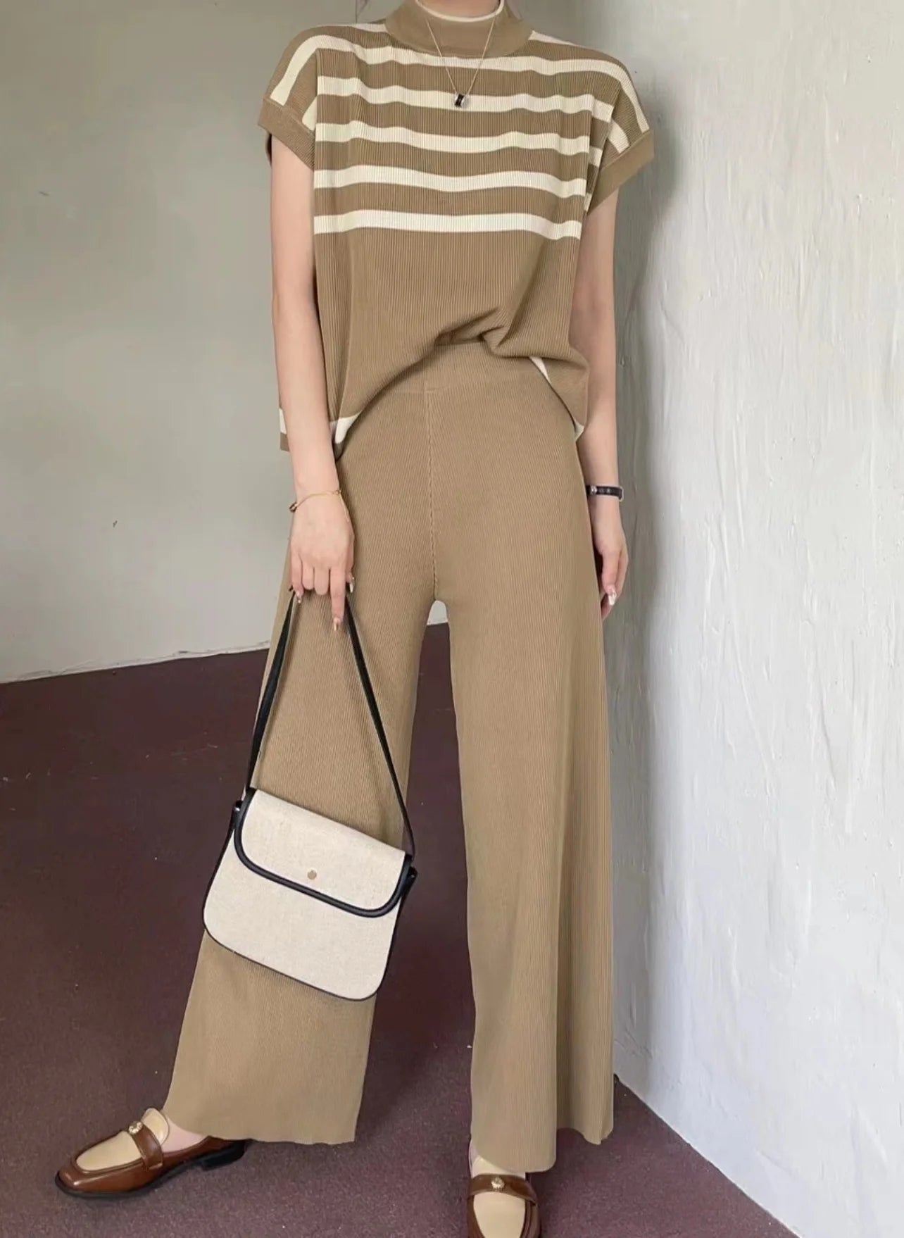 Women's Summer Suit™ 2 Pieces Set O-Neck Sleeves Tank Top Stripe Sweater Wide Leg Pant Set Outfit