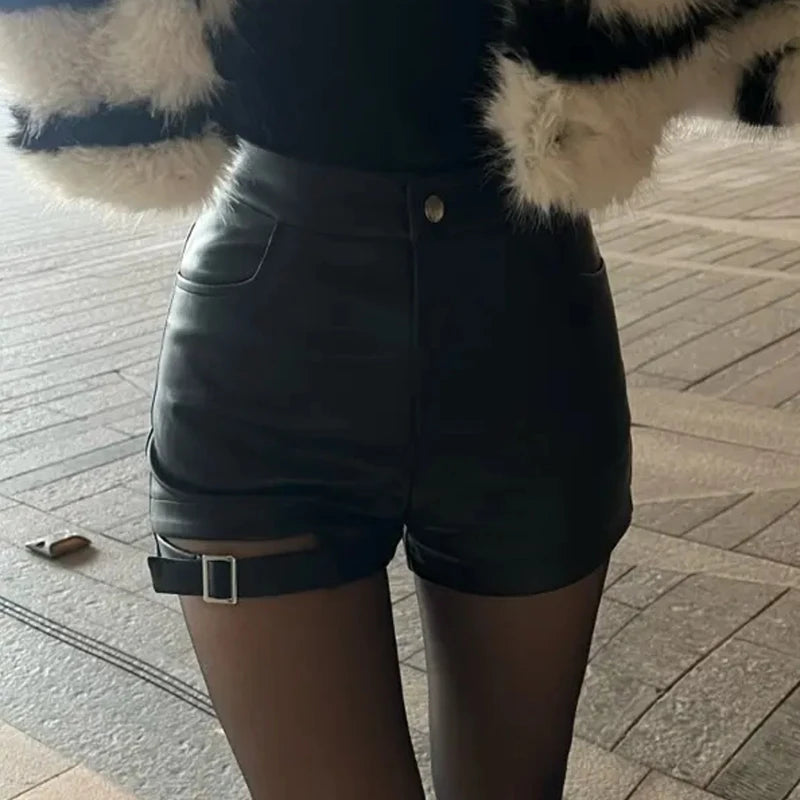Women's Shorts™ High Waist PU Leather Versatile Hot Shorts Hollow out Buckle Slim Shorts