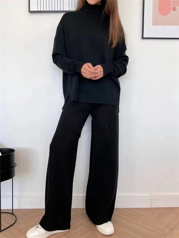 Women Tracksuit™ Knitted Turtleneck Sweater and Straight Jogging Pants Suits