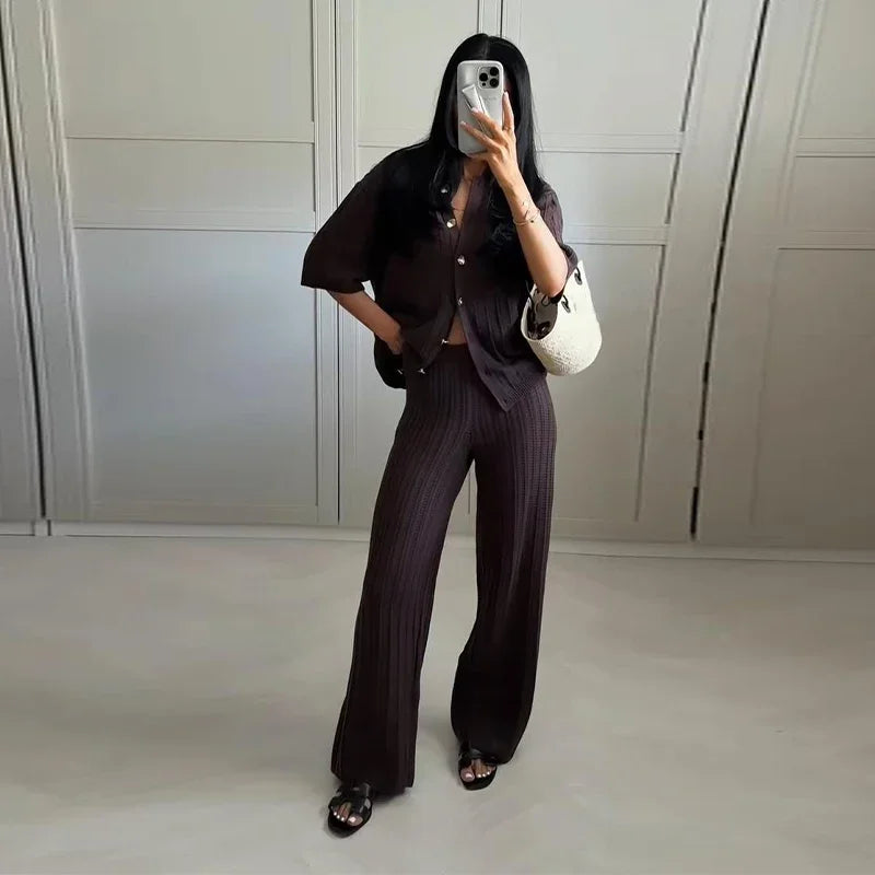 Women's Knitted Pants & Tops Set™ Turn Down Collar Half Sleeve Tops & Elastic Waist Straight Trousers Outfits