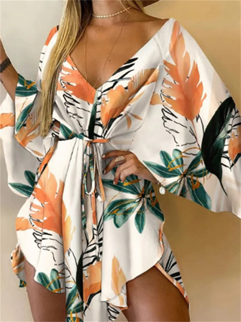 Women's Print V-Neck Bat Sleeve Ruffe Dress™ Flowers Print Bohemian Beach Mini Dresses