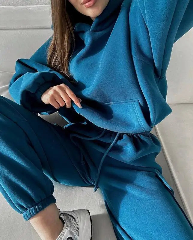 Women's suit sporty clothes™ Long Sleeve Hooded Short Sweatshirt Warm Long Sweatpants