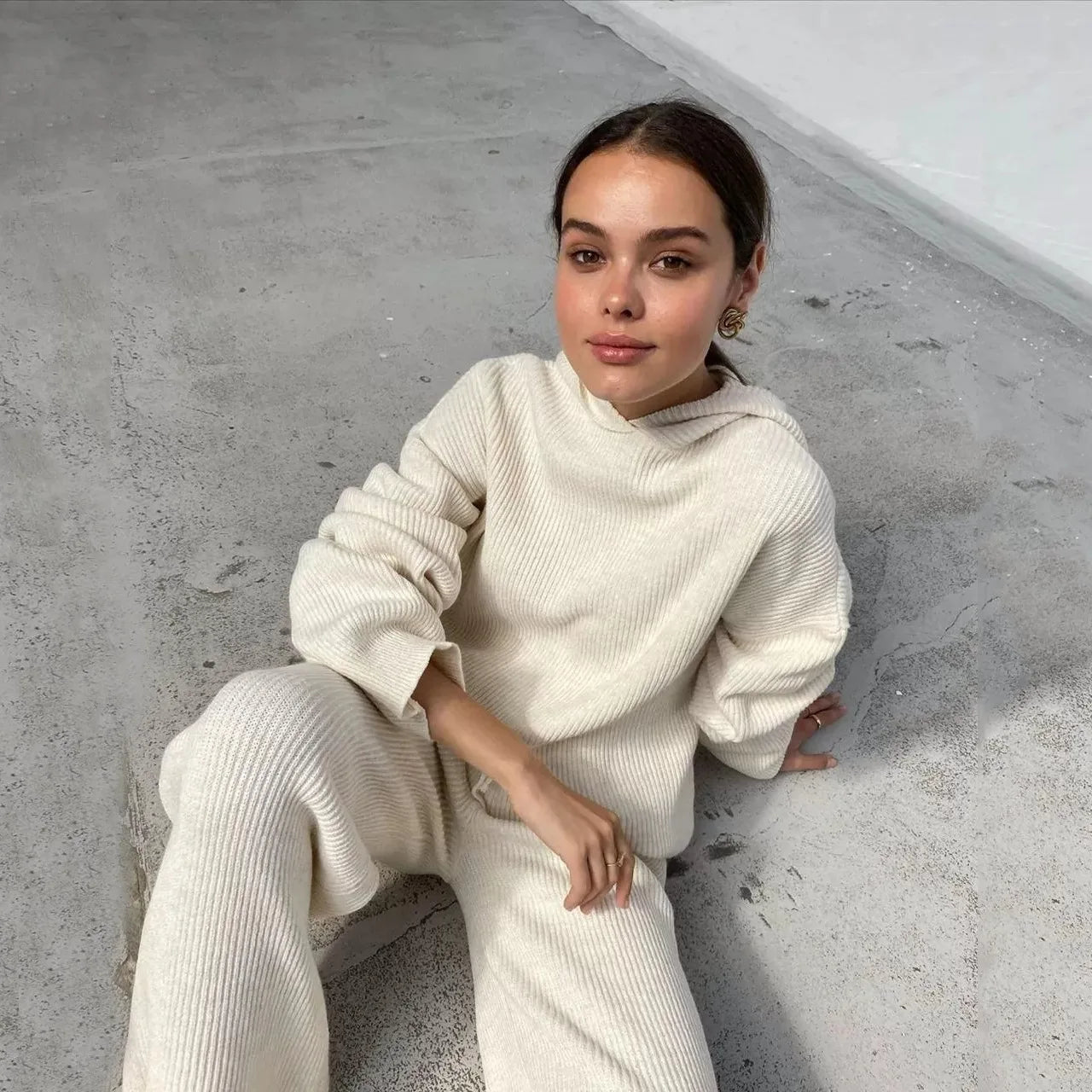 Women's Homewear Soft Pajamas ™ Loose Hooded Tops And Wide Leg Pants Suit