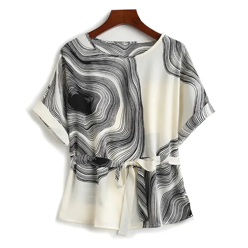 Women's Black Vortex Striped Print Vintage T-Shirt Chiffon O-Neck Short Sleeve Lace-up T-shirt