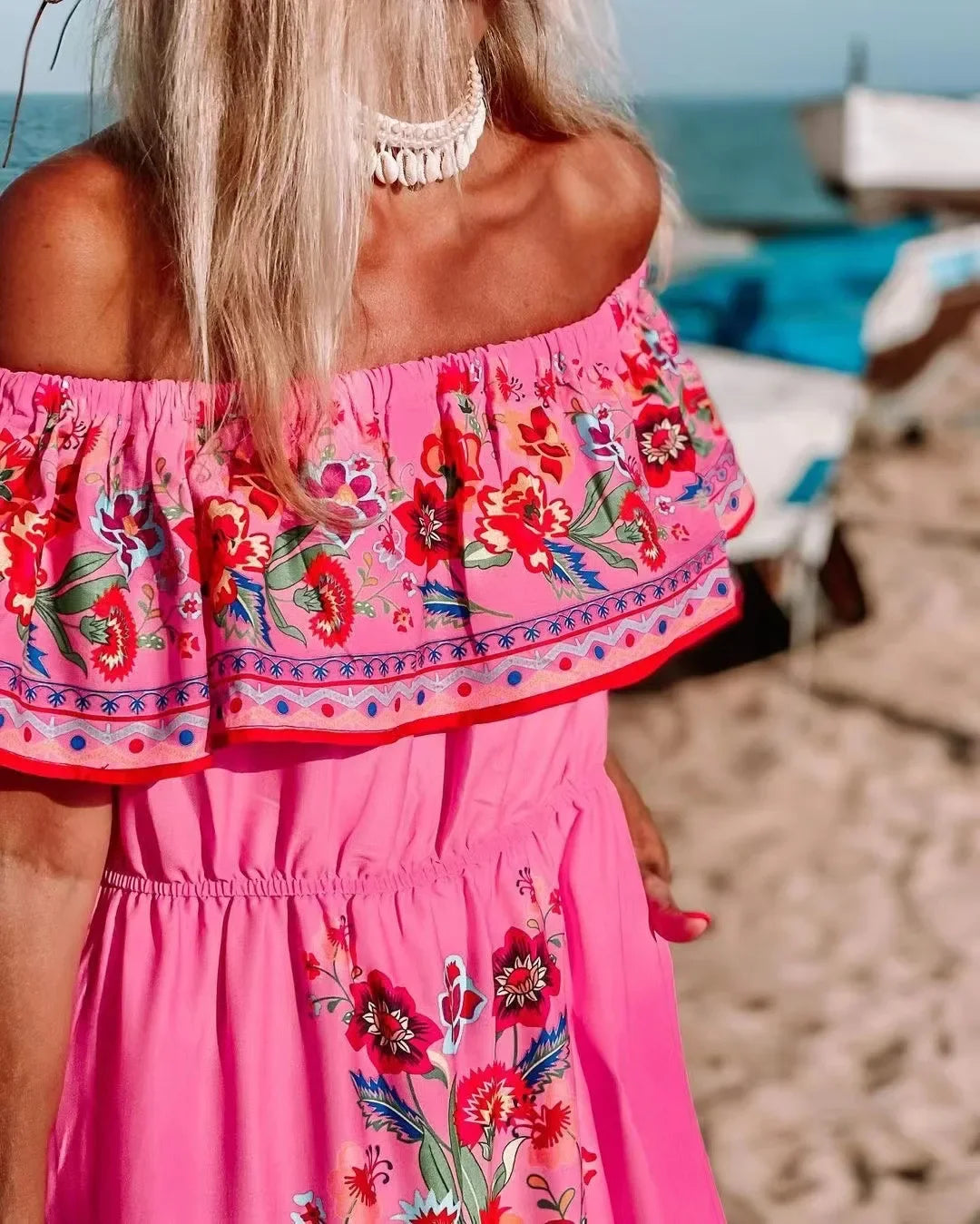 Women's Spring Summer Dresses™ Stand Off-shoulder Red Flower Printing Long Oversized Wide Hemline Sleeveless Dress
