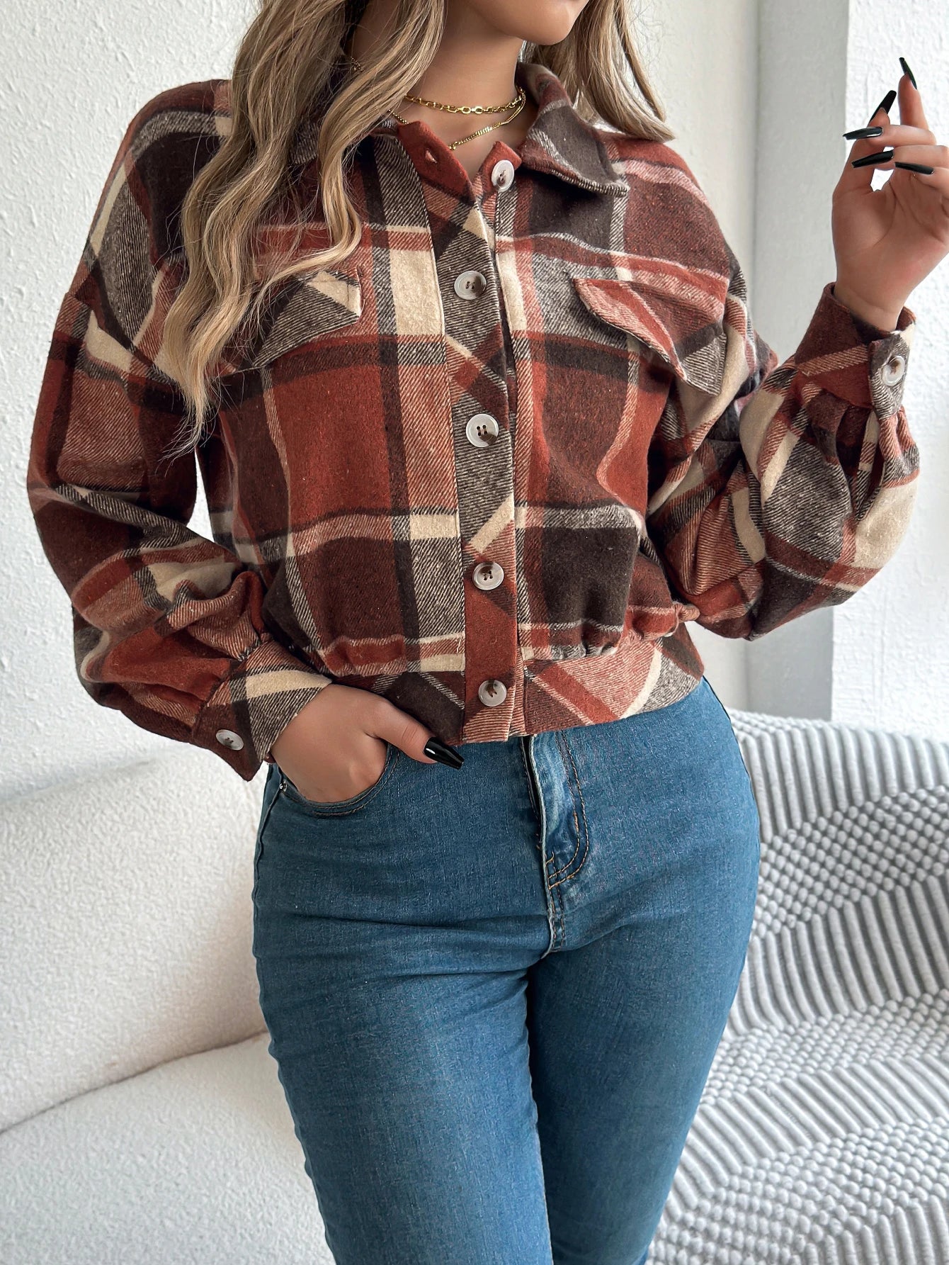 Women's Plaid Short Coat™ Lantern Long Sleeve Turn-Down Collar Button Woolen Jacket