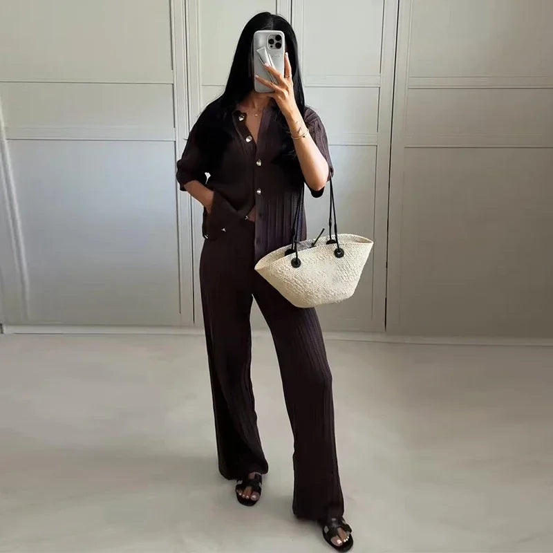 Women's Knitted Pants & Tops Set™ Turn Down Collar Half Sleeve Tops & Elastic Waist Straight Trousers Outfits
