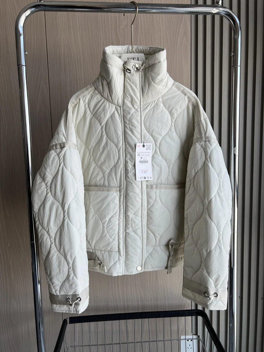 Women's Quilted Coat™ drawstring ties high neck pocket clip cotton jacket for women
