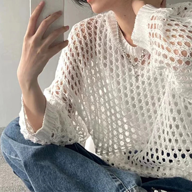 HELIAR Women's Hollow Out T-shirts™ Long Sleeve O-Neck Loose Casual Knit Sweater