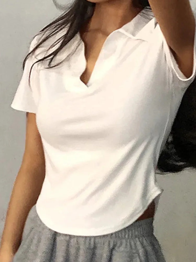Women's Summer Short Sleeve Lapel Tops™ V-Neck Retro Slim Versatile Tee