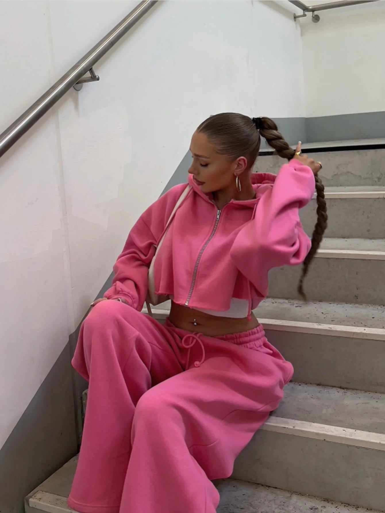Women's Two Piece Set™ Zip Up Crop Drawstring Long Sleeve Hoodie &Drawstring Waist Sweatpant