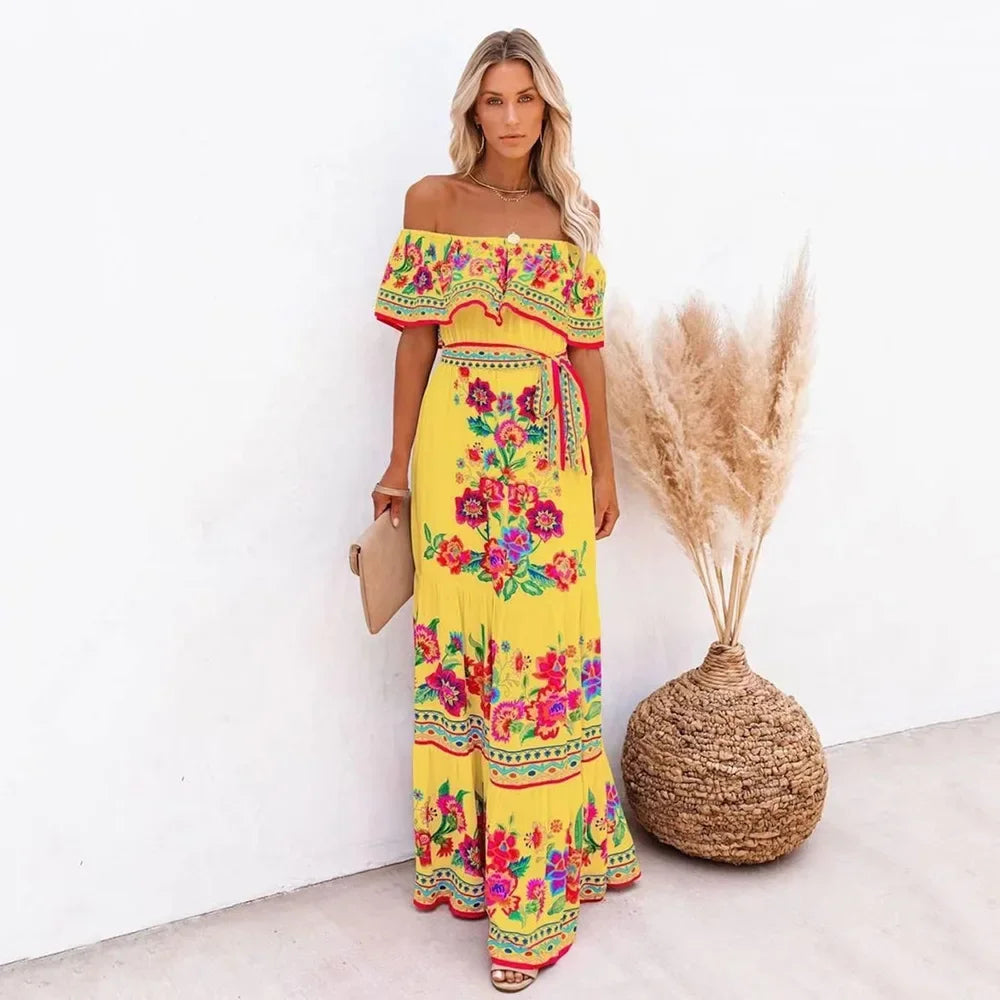 Women's Spring Summer Dresses™ Stand Off-shoulder Red Flower Printing Long Oversized Wide Hemline Sleeveless Dress