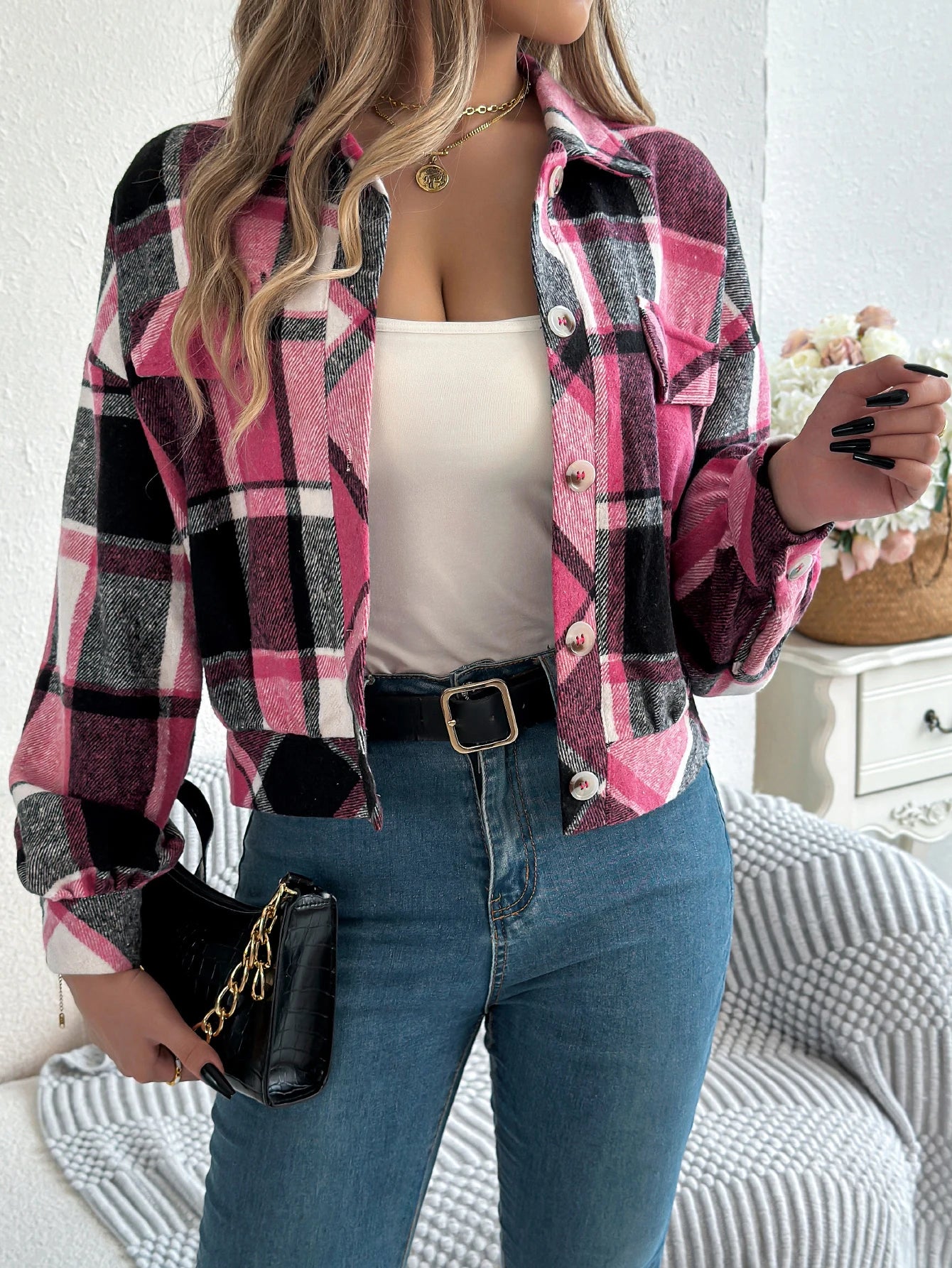 Women's Plaid Short Coat™ Lantern Long Sleeve Turn-Down Collar Button Woolen Jacket