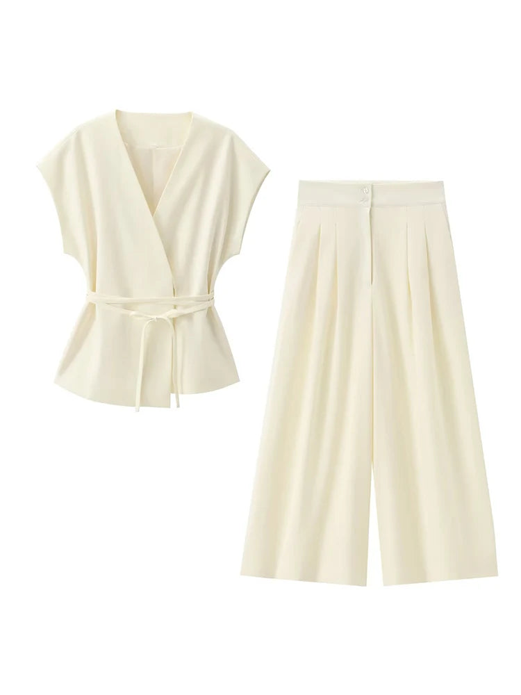 Women's TFMLN Suits™ Sleeveless V-Neck Top With Belt + Straight Pants Set