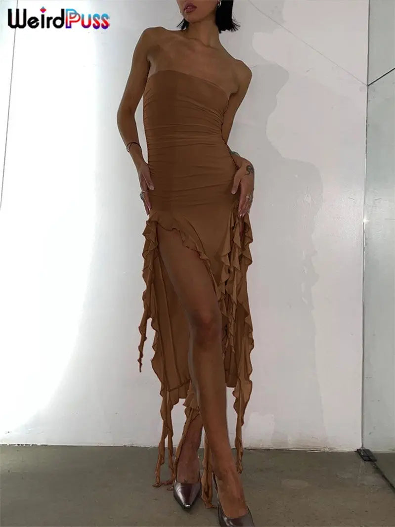 Women's Elegant Strapless Dress™ Irregular Tassel Trend Skinny Split Maxi Bodycon Dress