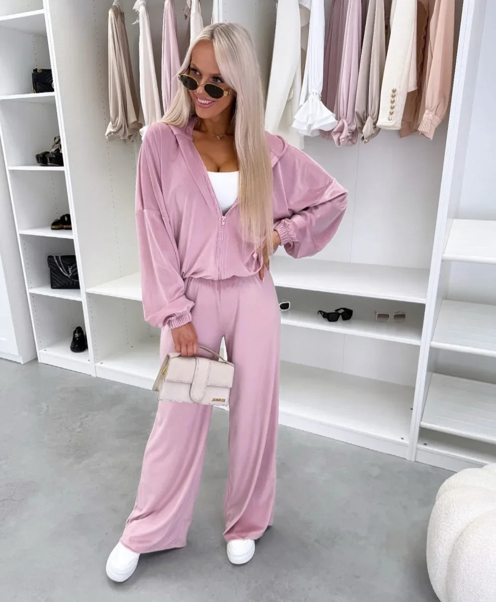 Women's Casual Outfit™ Zipper Hooded Cardigan + Wide Leg Pants Two Piece Set