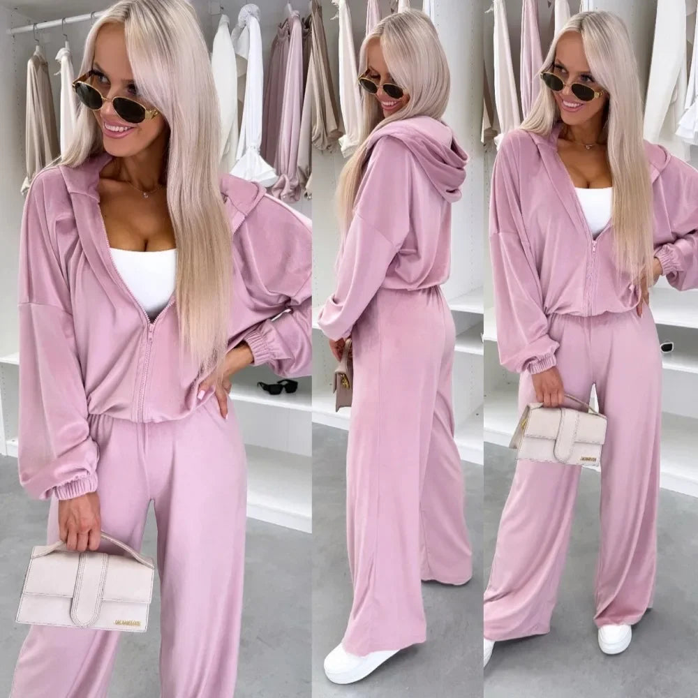 Women's Casual Outfit™ Zipper Hooded Cardigan + Wide Leg Pants Two Piece Set