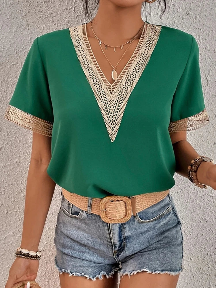 Women's Short Sleeve T-Shirt™ Summer Slim Fit Pullover Basic Tees V Neck Lace Tops Y2k Clothes