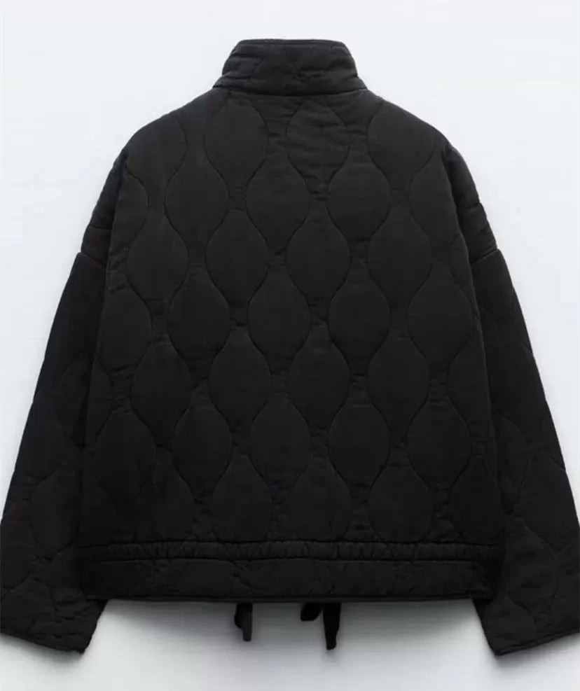 ZW Women's Cotton Jacket™ Traf New Arrival Vintage Lensing Rayon High Collar Large Pocket Quilted Coat