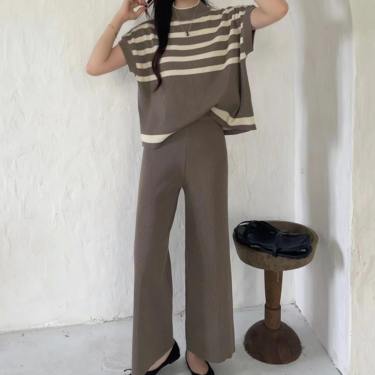 Women's Summer Suit™ 2 Pieces Set O-Neck Sleeves Tank Top Stripe Sweater Wide Leg Pant Set Outfit