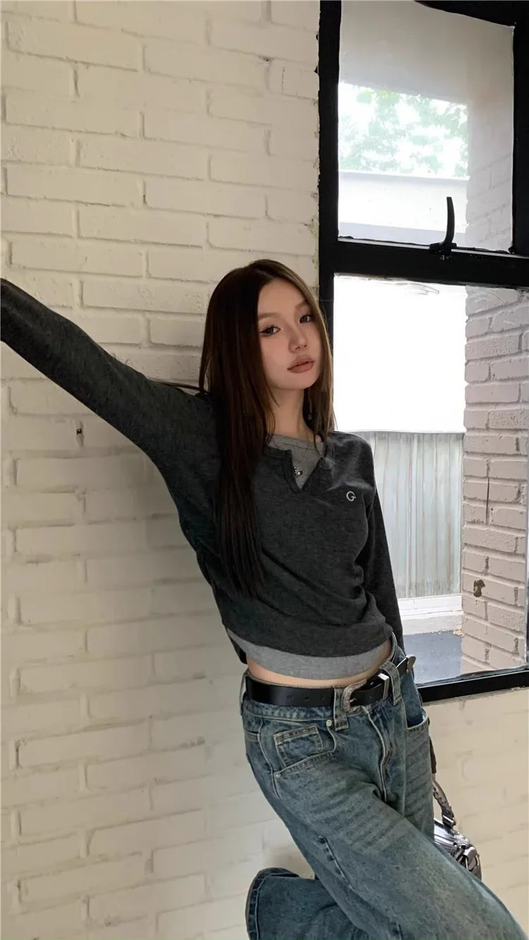 Women's T-Shirt™ Long Sleeves Korean Fashion Style O-neck Fake two items T-shirt