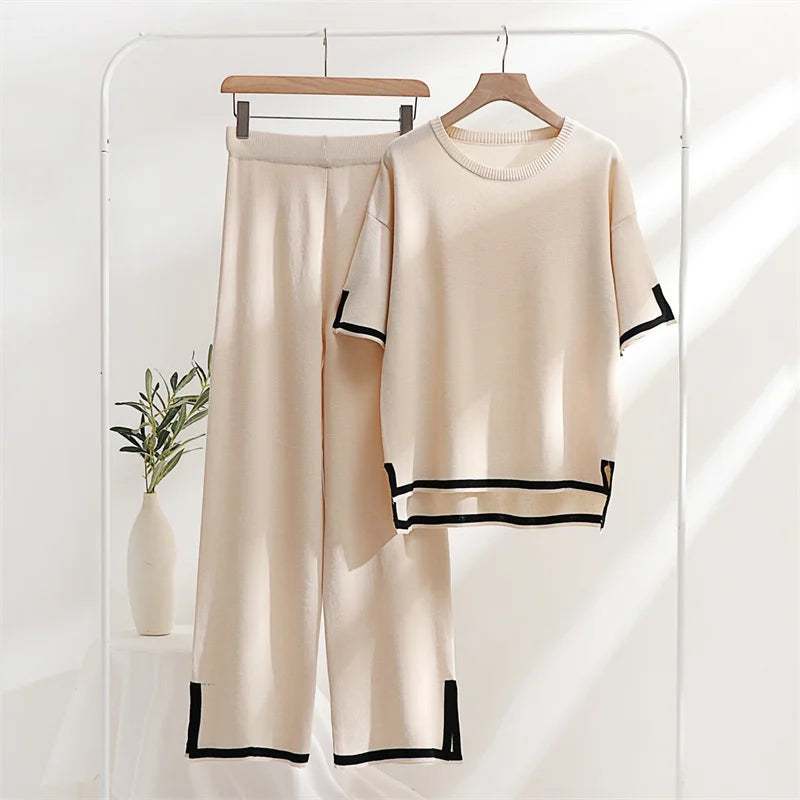 Women's Loungewear Two Piece Set™ Casual Slit Short Sleeve Knitted Two Piece Sets 's