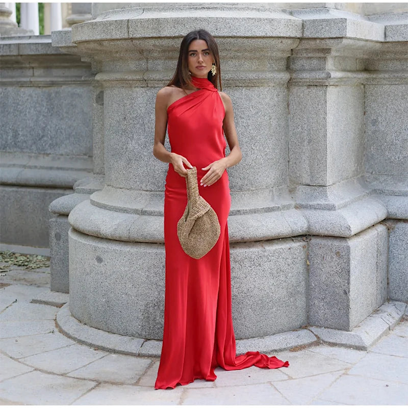 Women's Solid Ribbon Halter Dress™ Off Shoulder Sleeveless Backless Slim Maxi Dresses