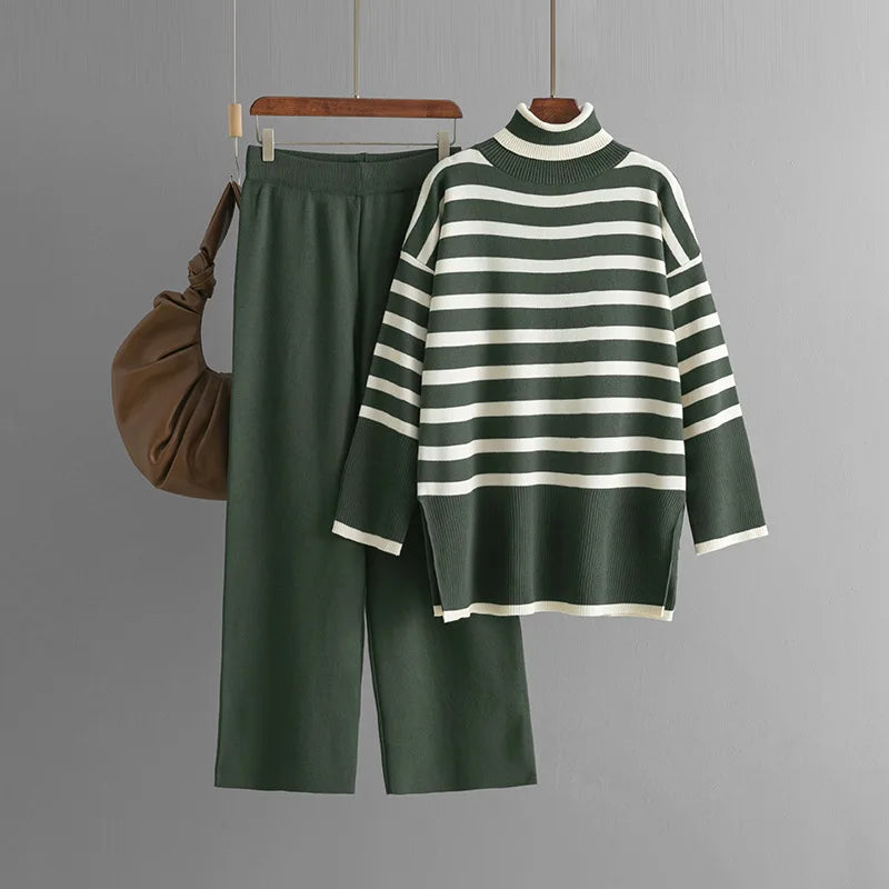 Women's Suits™ SINGREINY Striped Turtleneck Sweater High Waist Wide Leg Pants Knitted Loose Suits