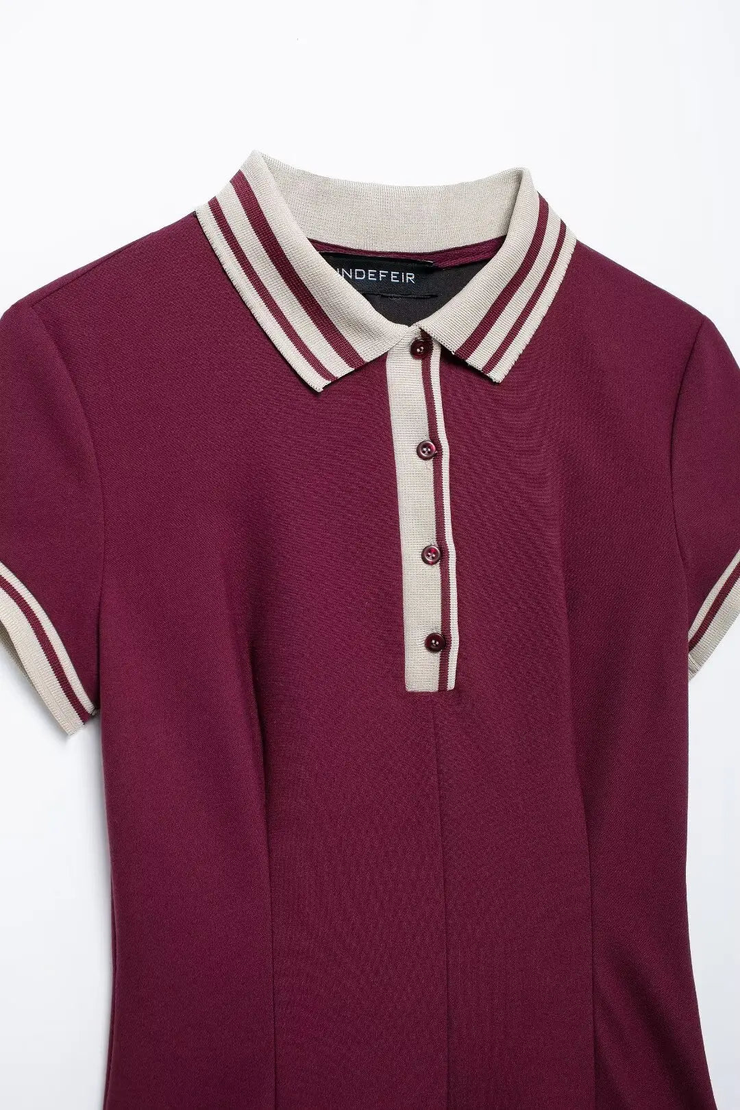 TRAFZA-Women's Burgundy Dress™ Contrasting Ribbed Lapel Buttons Classic Campus Dress