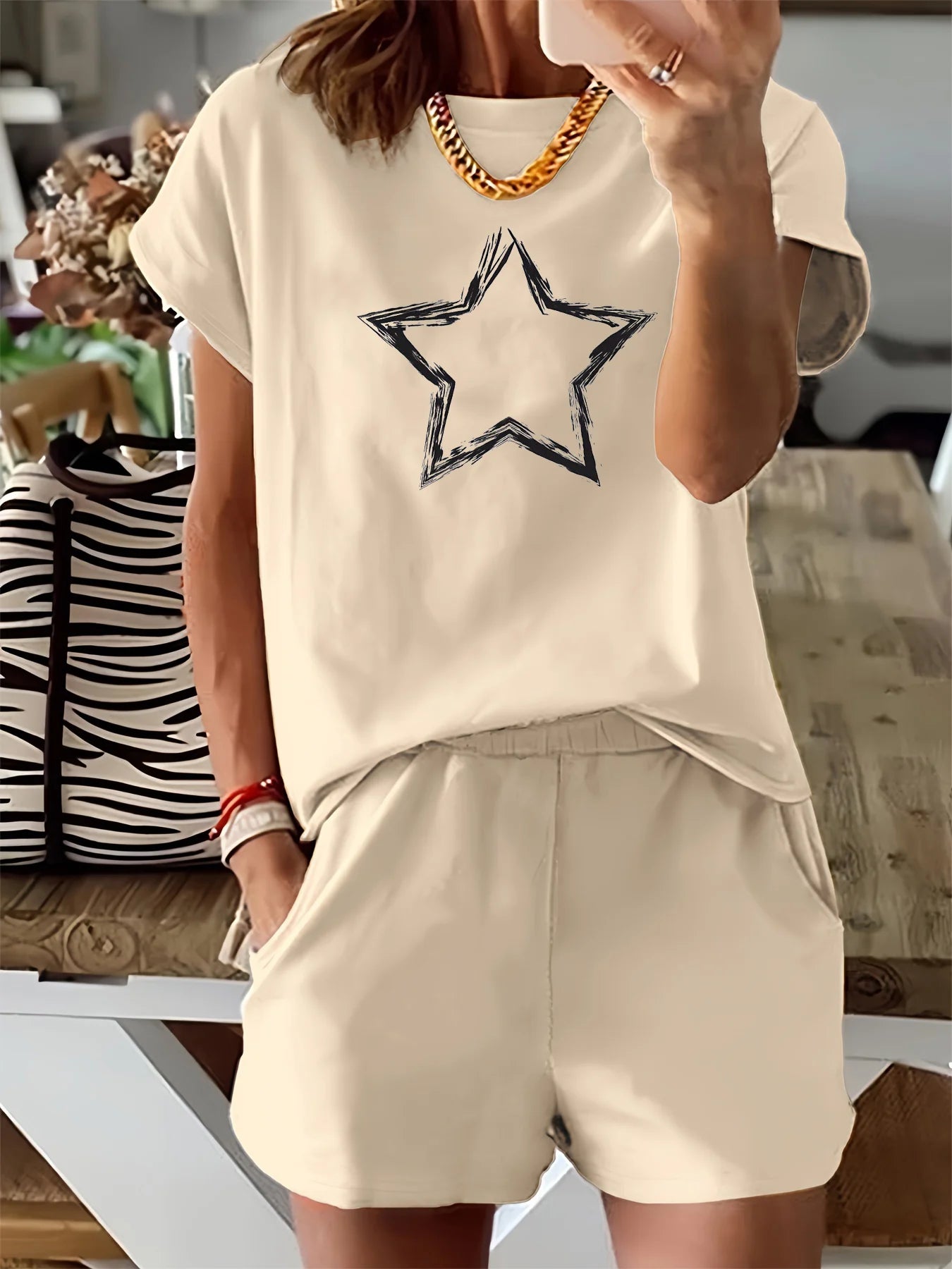 Women's Summer pattern printed shirt & shorts set™ loose round neck short sleeved T-shirt shorts two-piece set