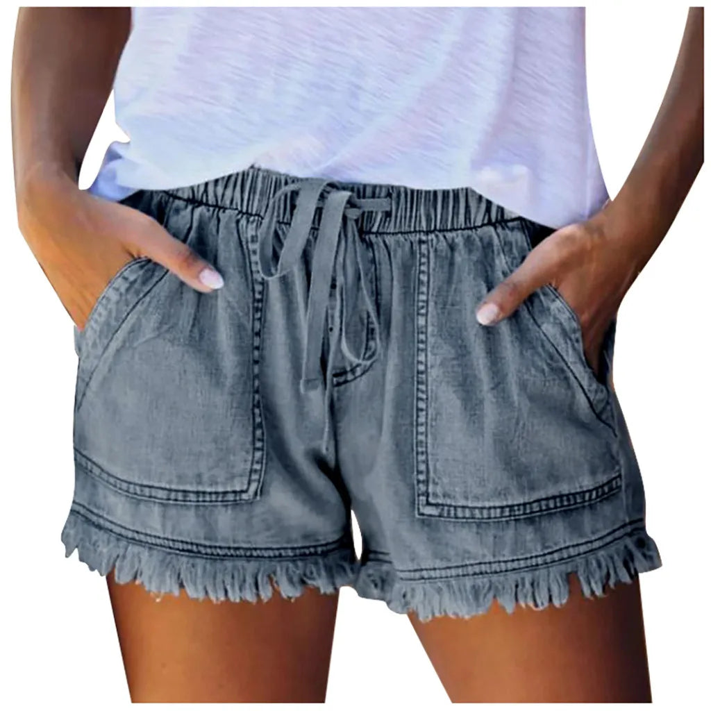 Women's Denim Shorts™ Drawstring Elastic Waisted Pocket Tassel Hem Soft Summer Shorts