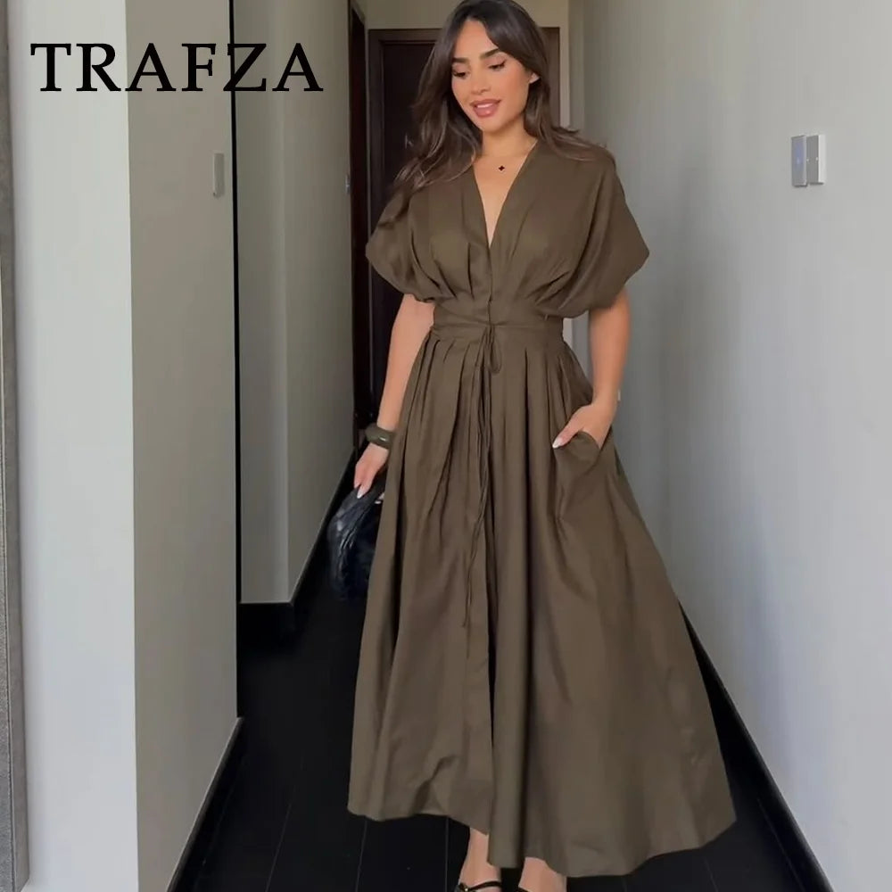 Women's Dresses™ TRAFZA Vintage Fashion Single Breasted Sashes Draped V Neck Sleeveless Dresses