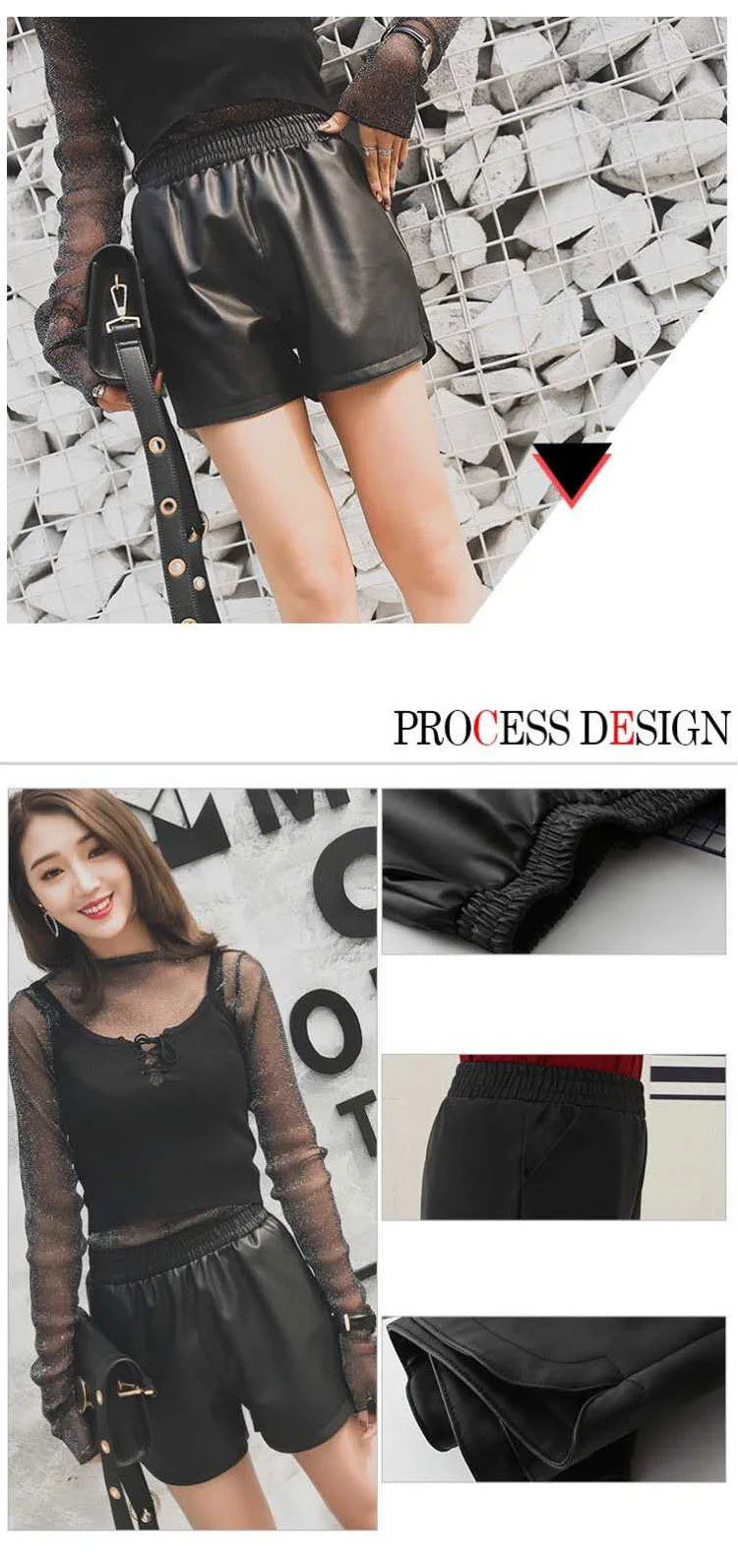 Women's Shorts™ Black PU Leather High Waist Wide Leg Faux Leather Shorts