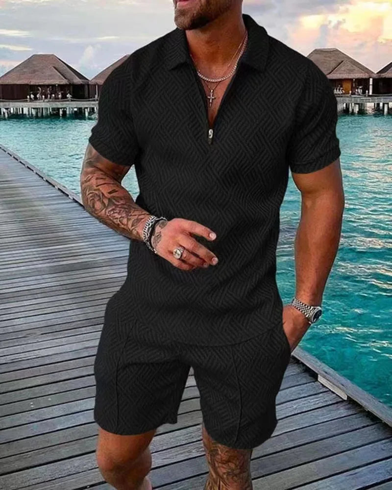 Men's Shorts Set™ Short Sleeve Zip Polo Shirt Street T-shirt Two Piece Casual Sportswear